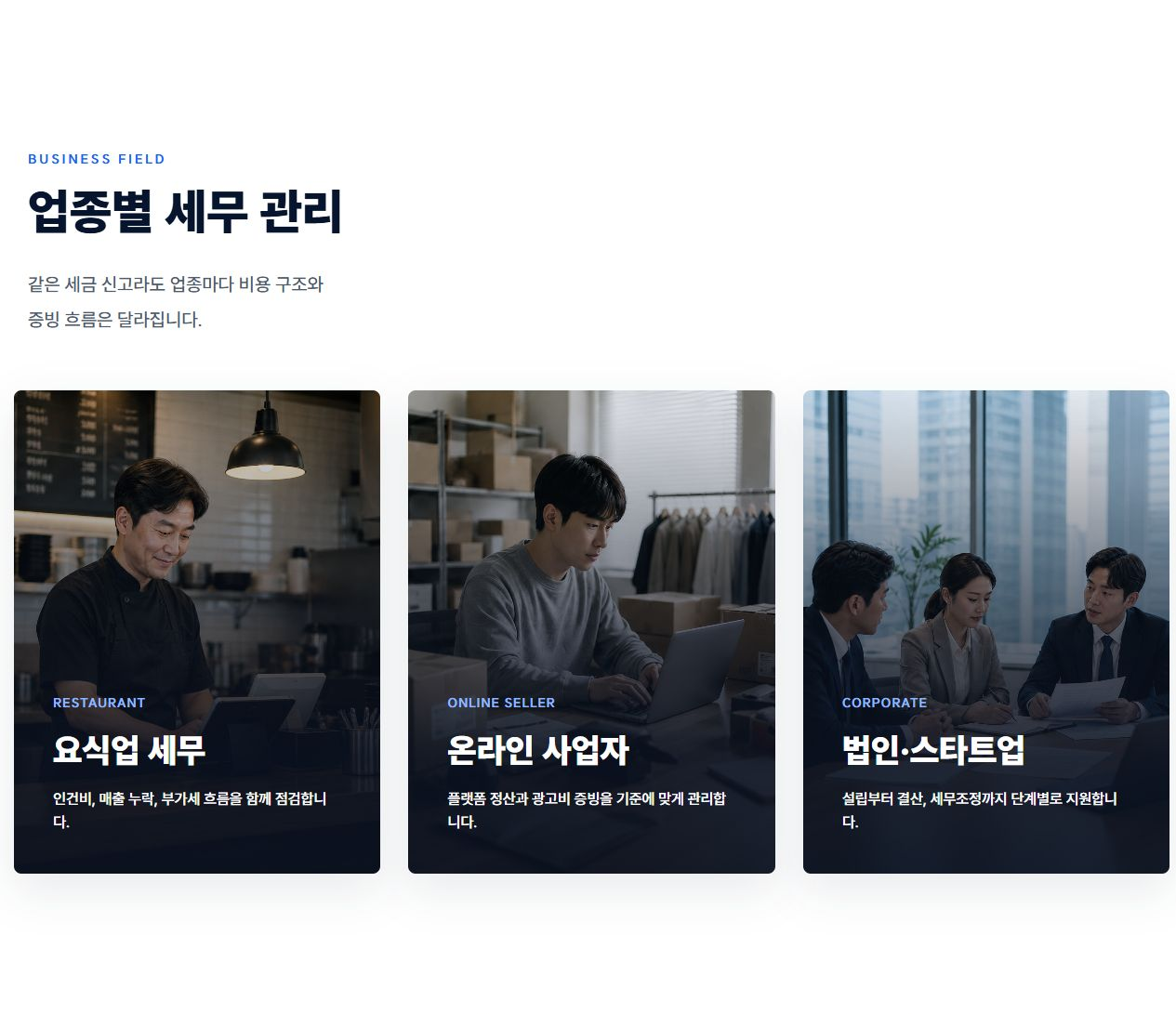 세움세무회계 홈페이지 업무 분야 안내 화면